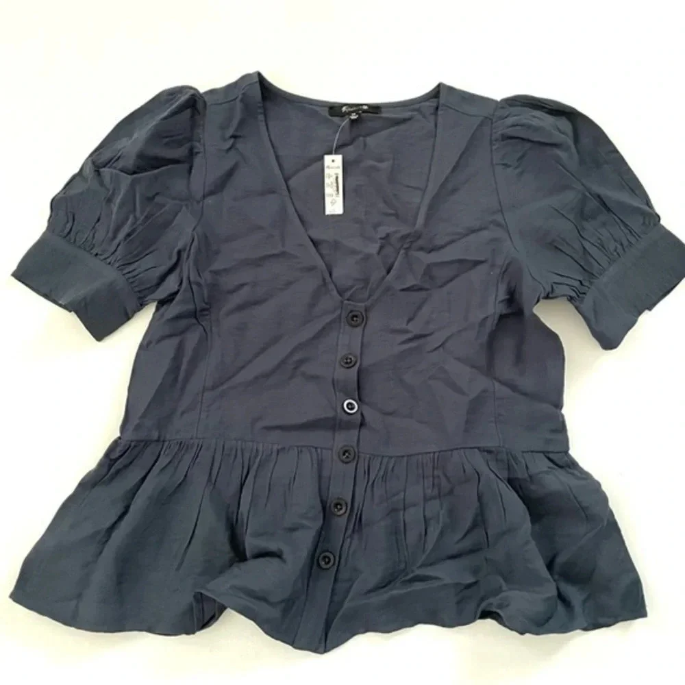 New Madewell Drapeweave Puff-Sleeve Peplum Top XS Dark Baltic